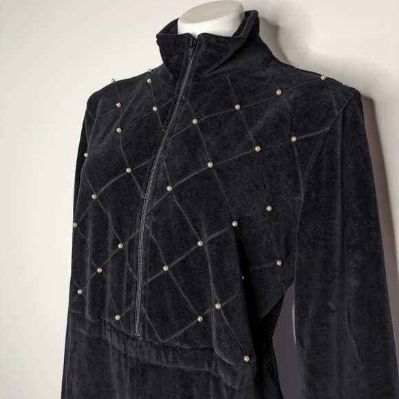 Vintage Saks Fifth Folio Collection Black Velvet Pearl Accent Zip Up Jumpsuit M - Picture 2 of 11